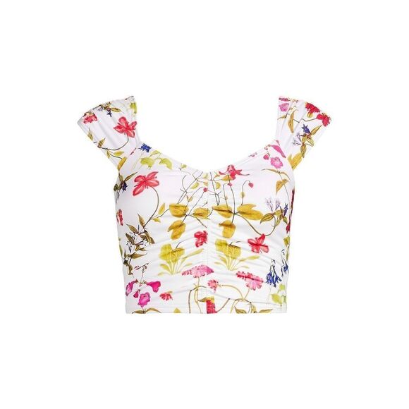 Land's End plus reg Ruched cap sleeve bikini top white meadow floral print Var - Picture 1 of 6